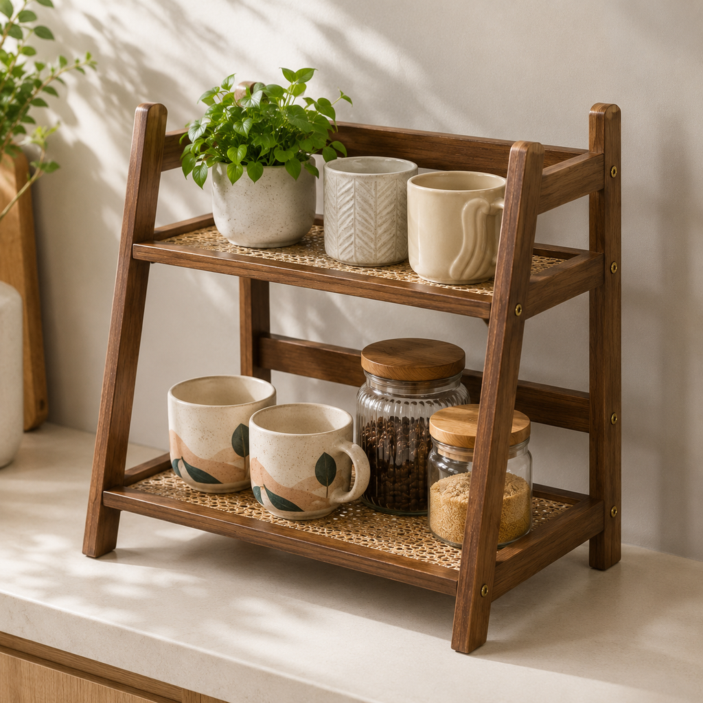 2-Tier Bamboo Ladder Countertop Shelf