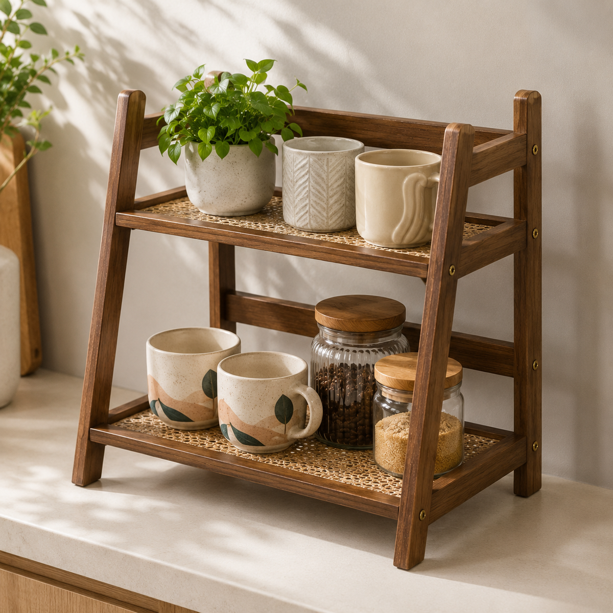 2-Tier Bamboo Ladder Countertop Shelf