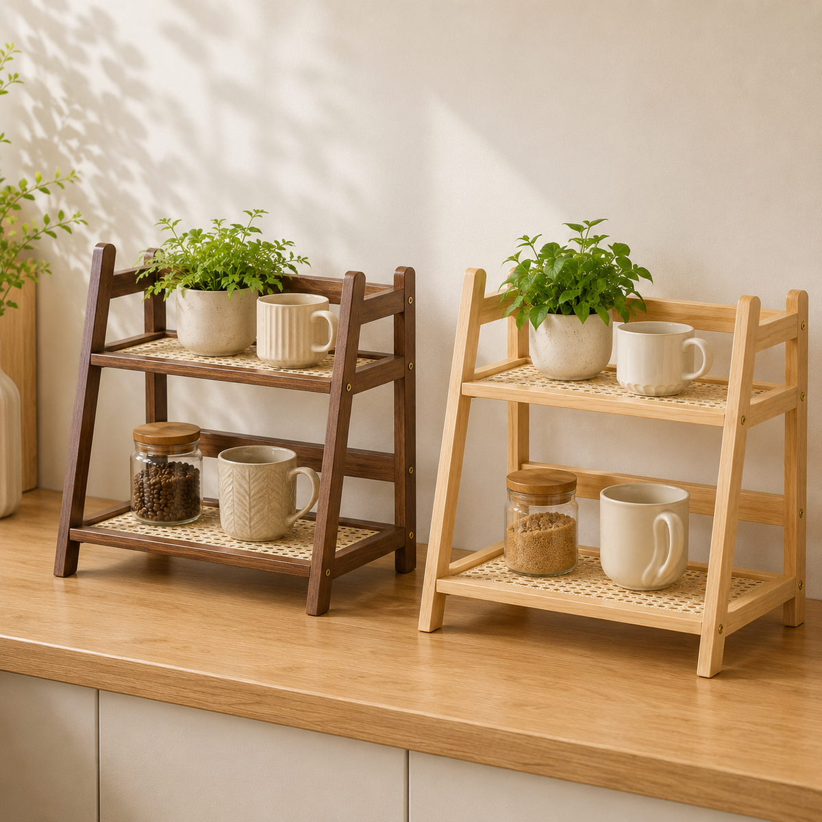 2-Tier Bamboo Ladder Countertop Shelf