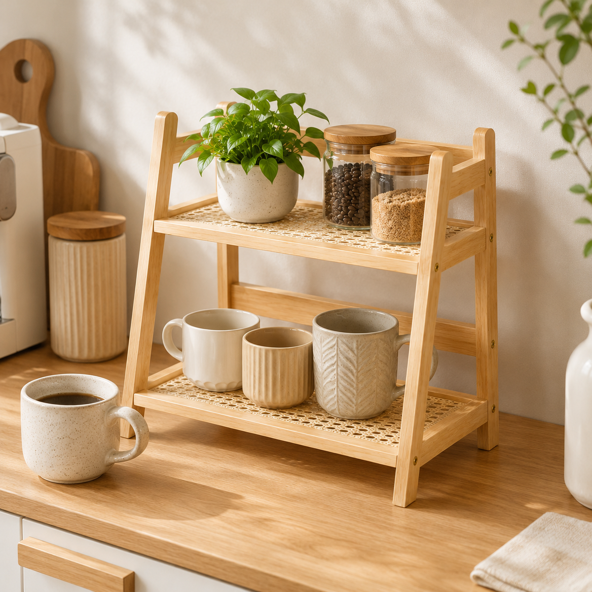 2-Tier Bamboo Ladder Countertop Shelf
