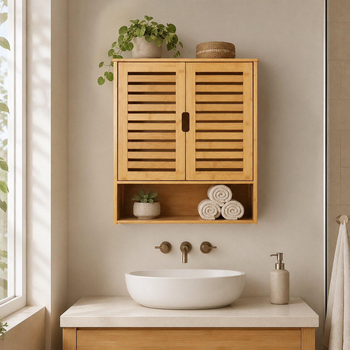 Bamboo Wall Cabinet with Louvered Doors