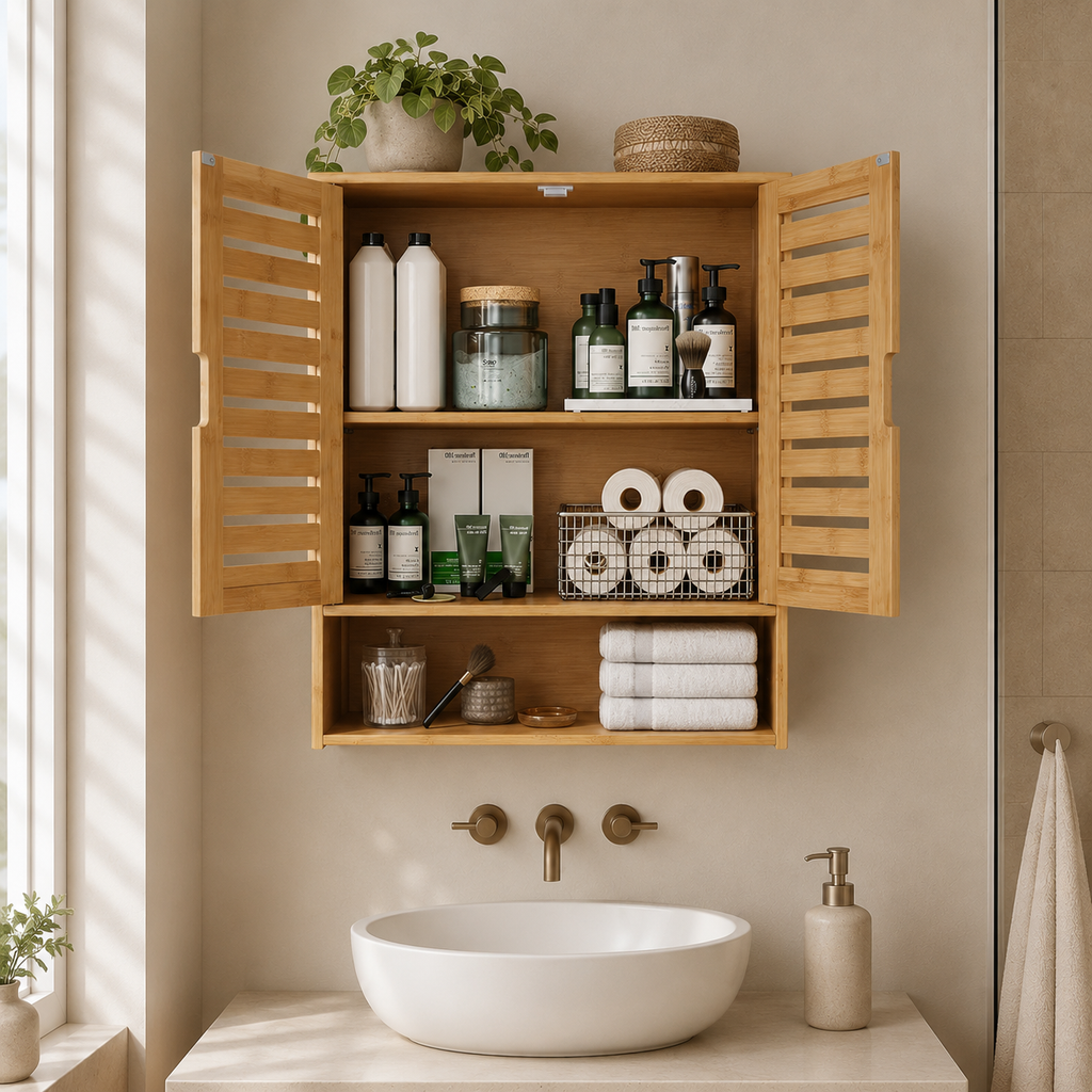 Bamboo Wall Cabinet with Louvered Doors