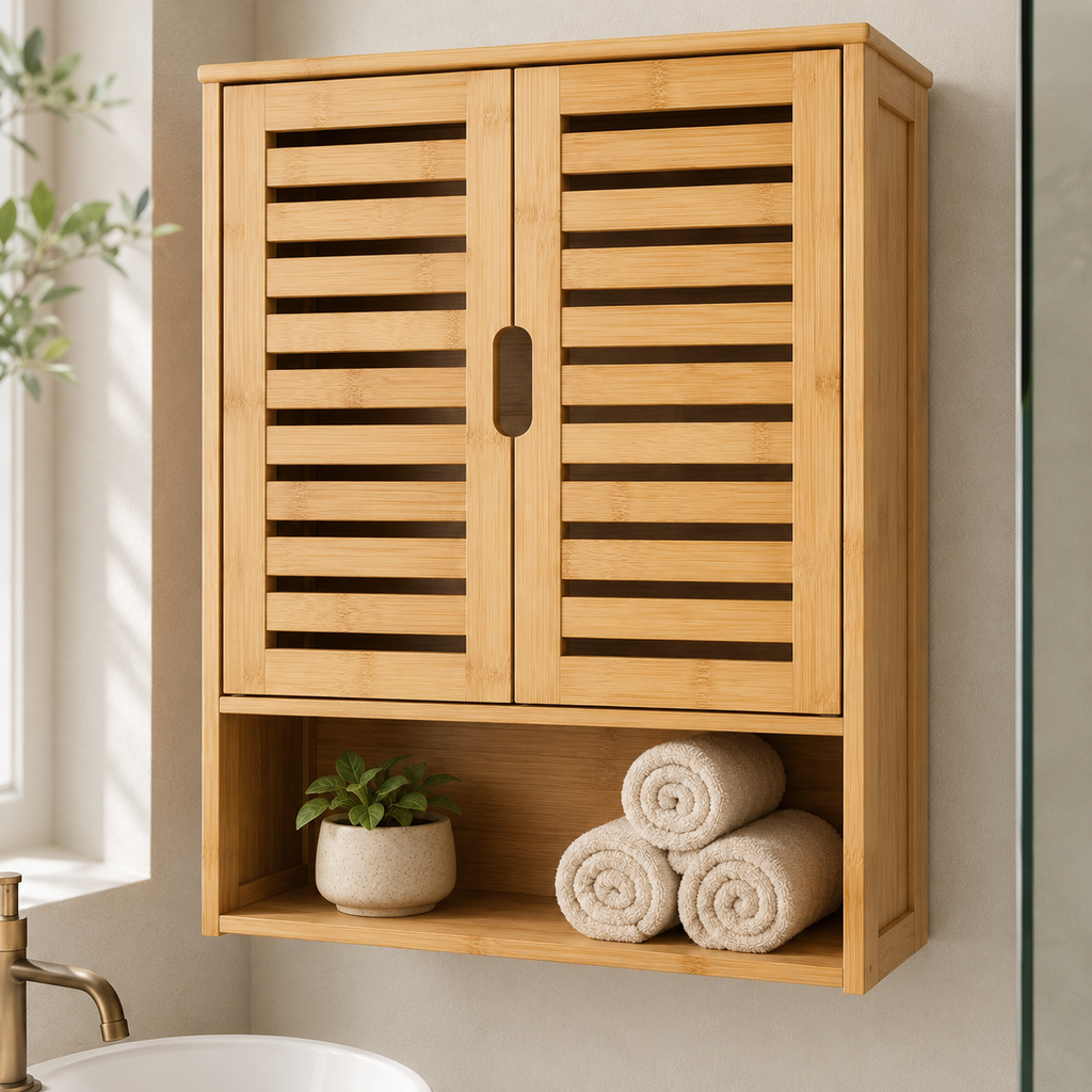 Bamboo Wall Cabinet with Louvered Doors
