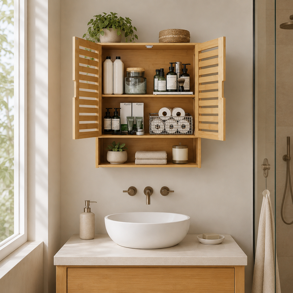 Bamboo Wall Cabinet with Louvered Doors