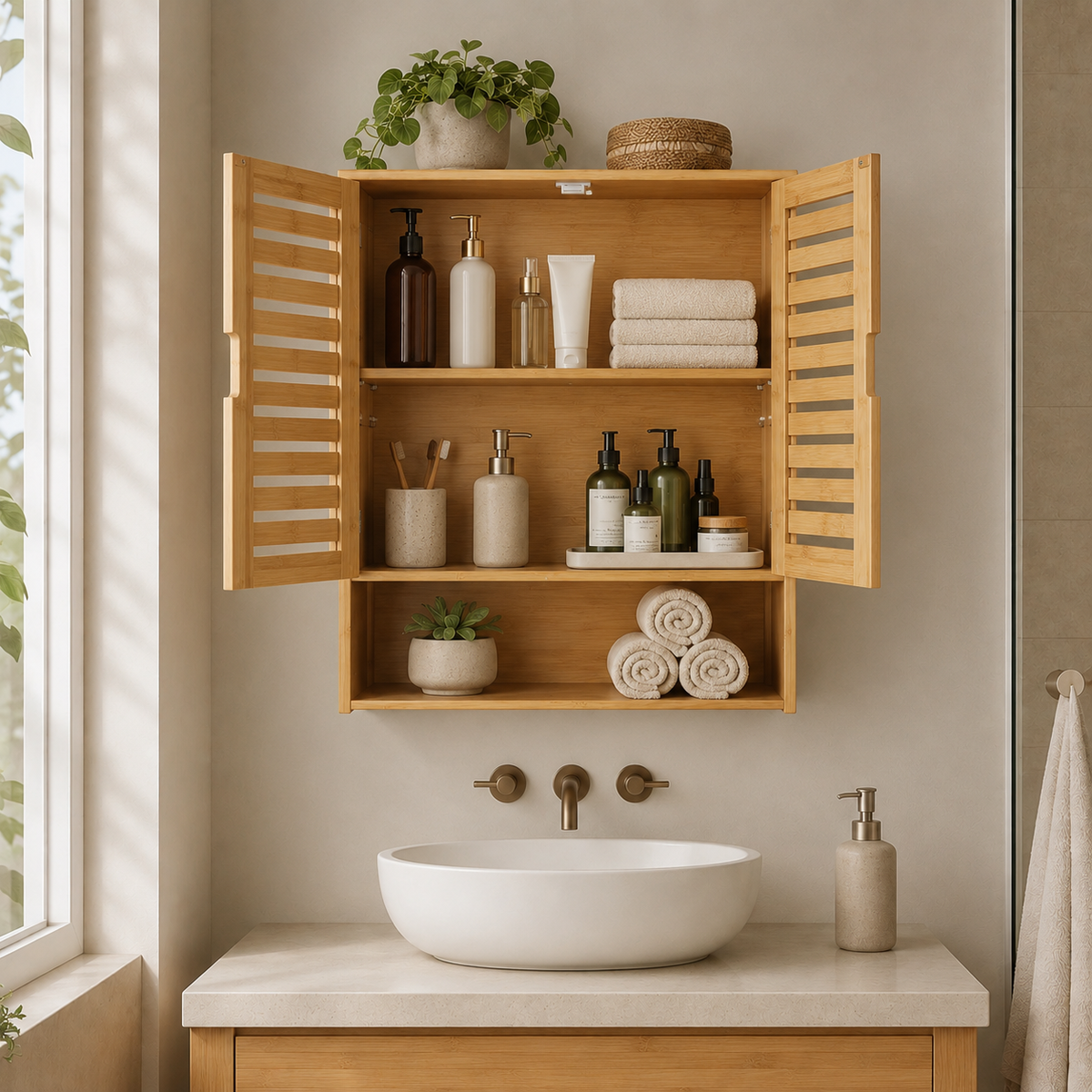 Bamboo Wall Cabinet with Louvered Doors