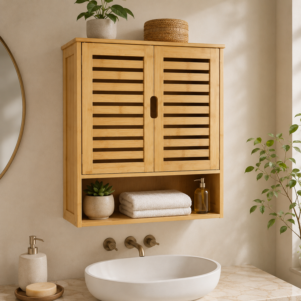 Bamboo Wall Cabinet with Louvered Doors