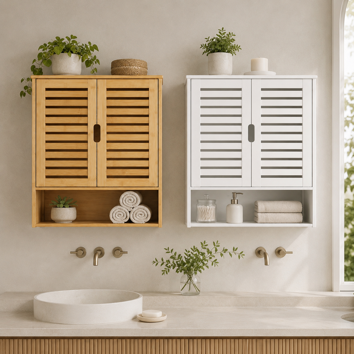Bamboo Wall Cabinet with Louvered Doors