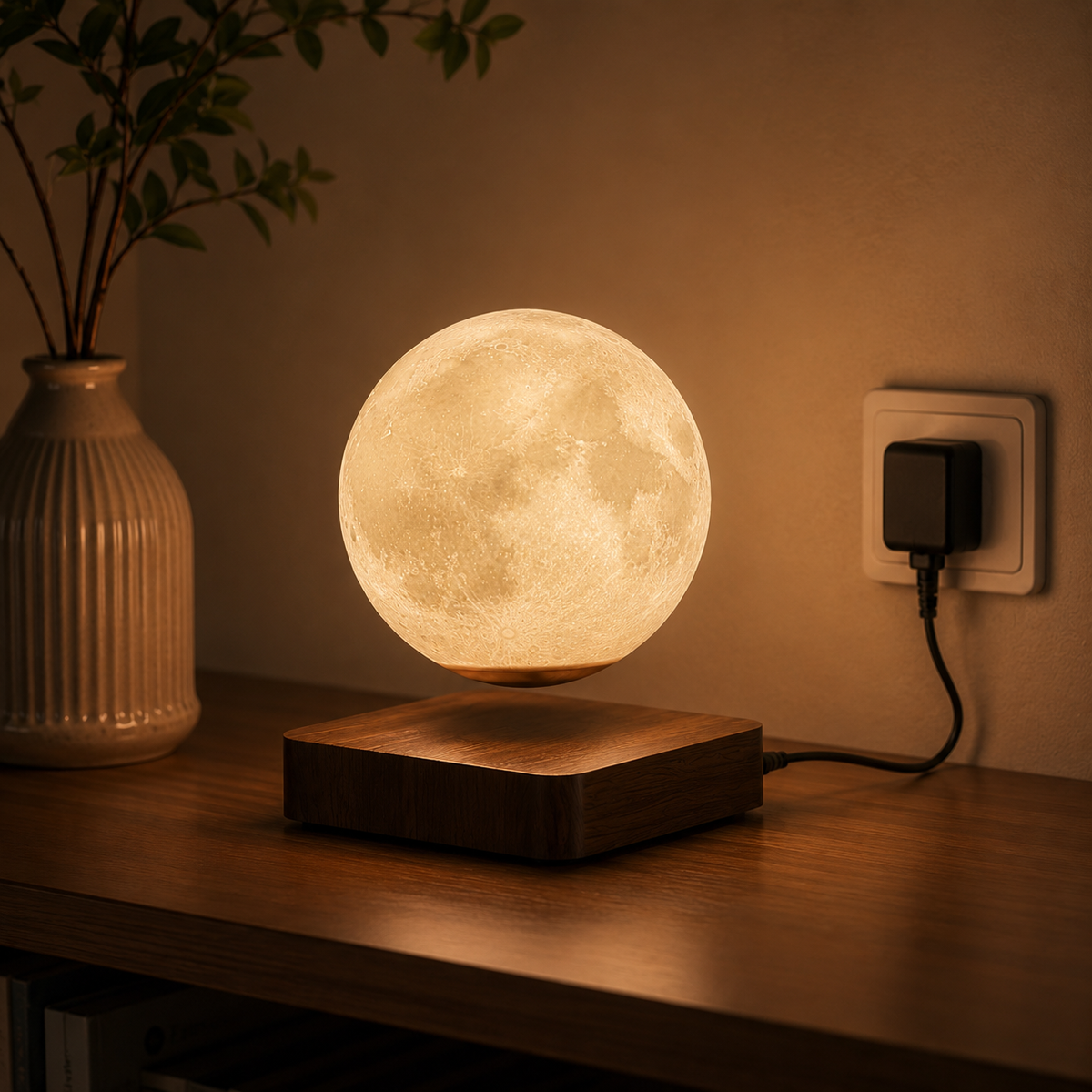 Levitating Moon Lamp with Wood Base