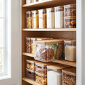 Stackable Storage Bins in use on a pantry shelf