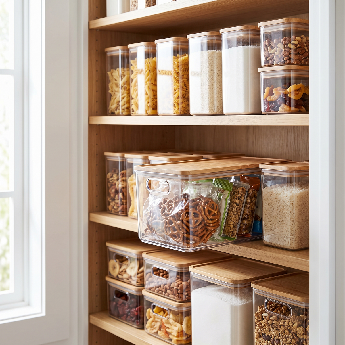 Stackable Storage Bins in use on a pantry shelf