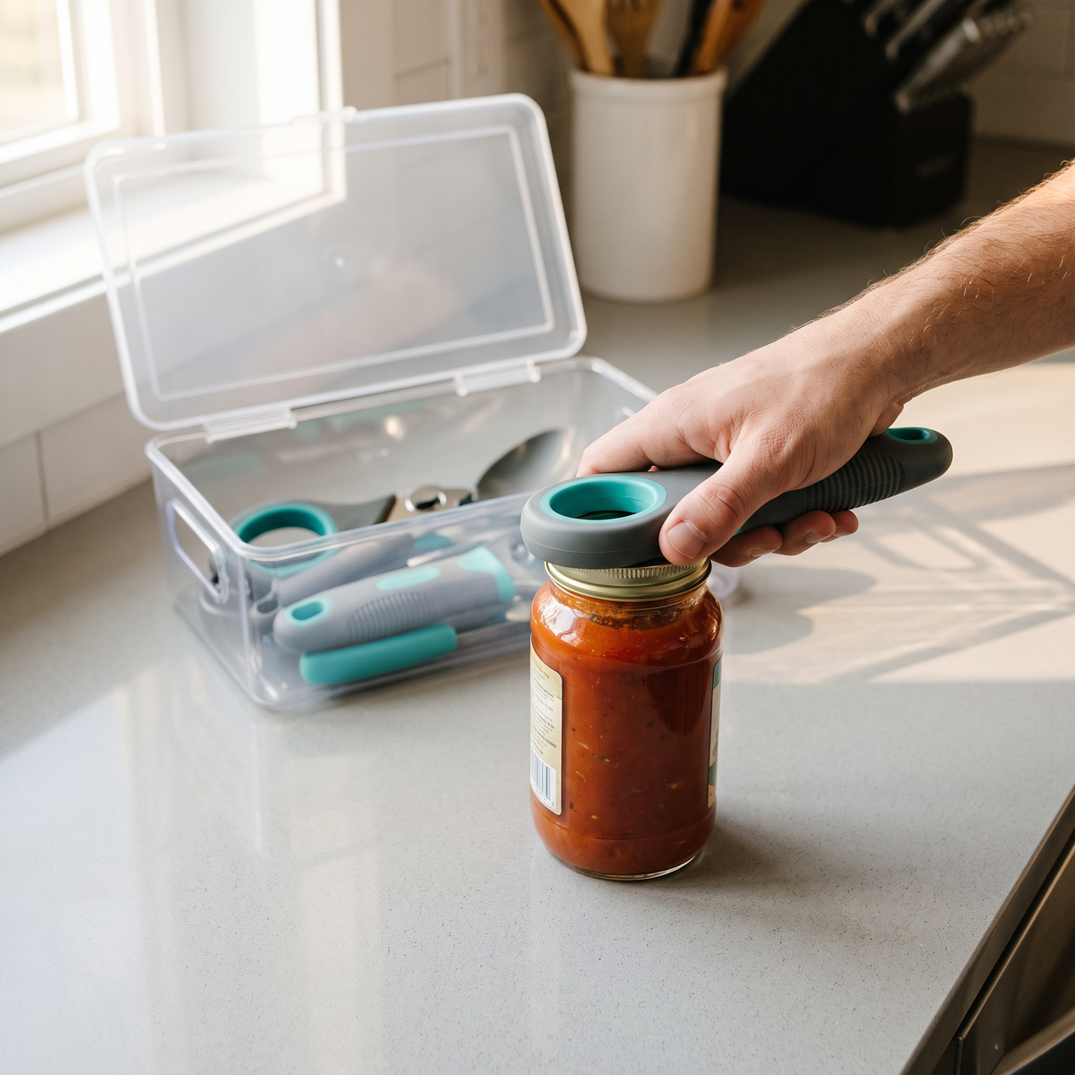 Easy-Grip Kitchen Tool Set opening a jar